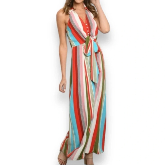 LULUMARI Women's‎ Striped Maxi Dress With Collar Tie Front Detail Medium | EUC - Picture 2 of 8